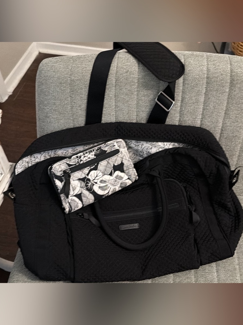 Vera Bradley Black Quilted Travel Tote with Black-and-White Floral Wallet